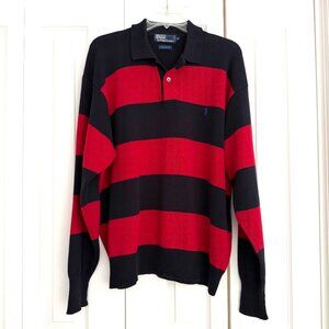 Vintage Polo Ralph Lauren Rugby Knit Sweater Red Black Striped Mens Size XL 90s